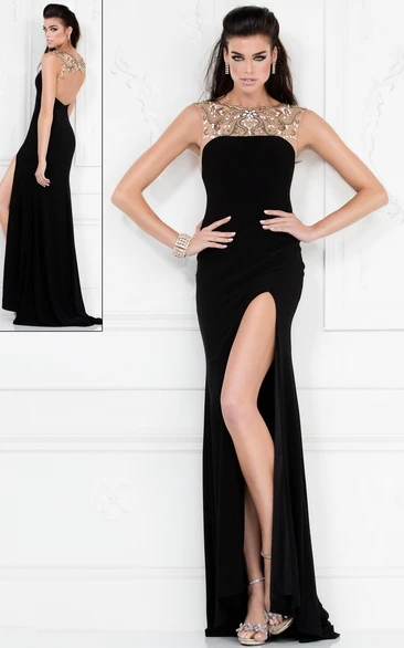 Sleeveless Bateau Jersey Formal Dress with Front Split and Beading