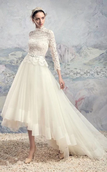 Tulle Lace Short Wedding Dress with High Neck Bell Tiers and Embroidery