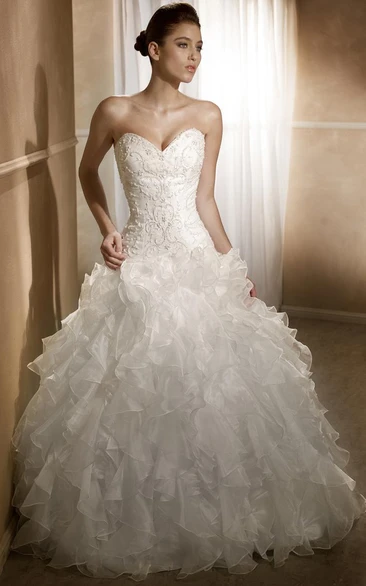 Sweetheart Organza Ball Gown Wedding Dress with Cascading Ruffles and Corset Back