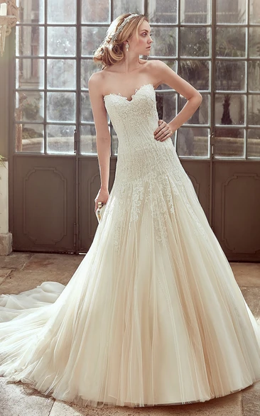 Sweetheart Tulle Wedding Dress with Pleated Skirt and Drop Waist Romantic Bridal Gown