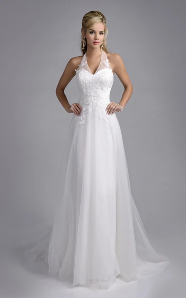 A-Line Tulle Bridal Wedding Dress with Halter Neck and Lace Appliques Classic and Timeless