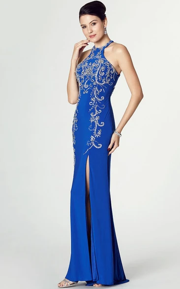 High Neck Sleeveless Beaded Jersey Prom Dress Elegant Dress