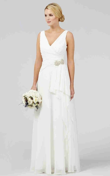 Chiffon Sleeveless V-Neck Sheath Wedding Dress Unique Bridal Gown