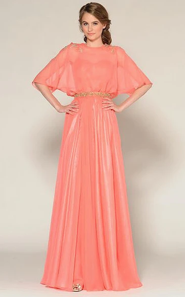 Long Jeweled Prom Dress with Bat-Sleeve and Pleats