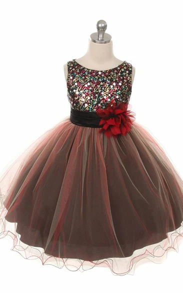 Sequin Satin Tiered Flower Girl Dress Tea-Length 2024