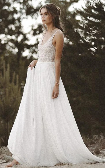 Chiffon Lace Low-V Back Wedding Dress with Beading A-Line Sleeveless Sexy Illusion