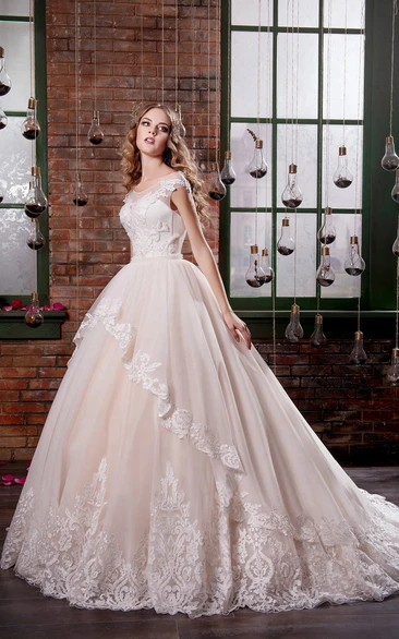 Ball Gown Illusion Tulle Dress With Appliques and Draping for Brides