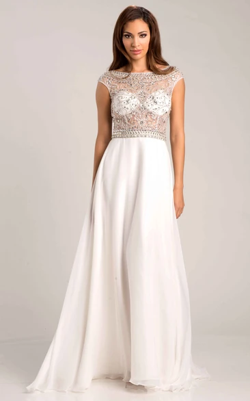 Jeweled A-Line Chiffon Prom Dress with Cap Sleeves and Bateau Neckline