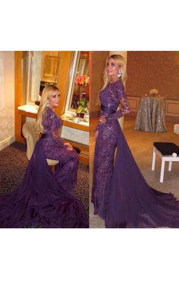Illusion Long Sleeve Mermaid Formal Dress with Lace and Chiffon
