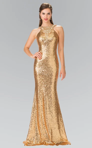 Jewel Neck Sequin Bridesmaid Dress in Floor-Length Sheath Style