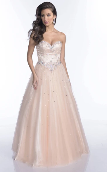 Jeweled Applique A-Line Prom Dress with Sweetheart Neckline and Open Back