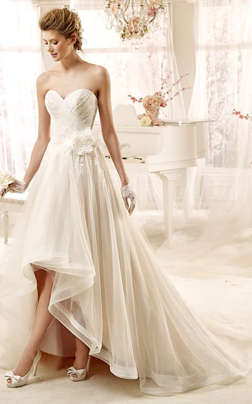 High-Low Sweetheart Wedding Dress with Flower and Ruching Detail