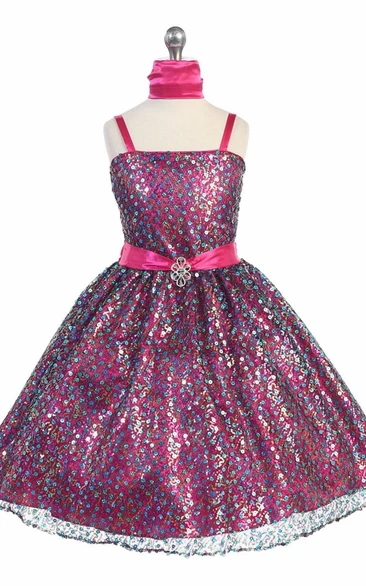 Beaded Tiered Sequins&Satin Flower Girl Dress with Ribbon Tea-Length Cape Unique