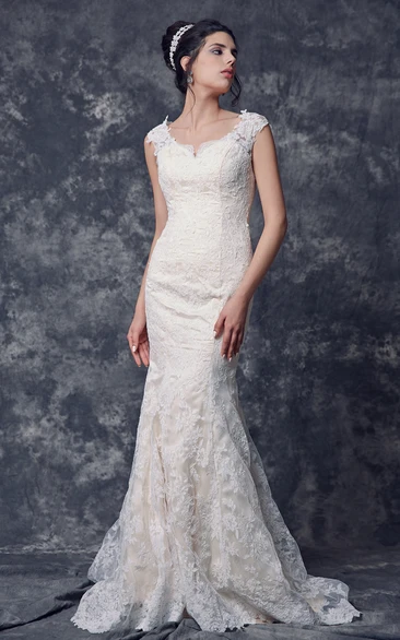 Illusion Back Mermaid Lace Wedding Dress with Cap Sleeves