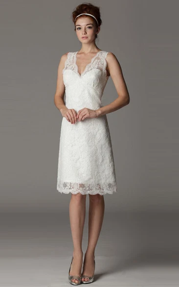 Short Sleeveless Lace Wedding Dress with V-Neckline