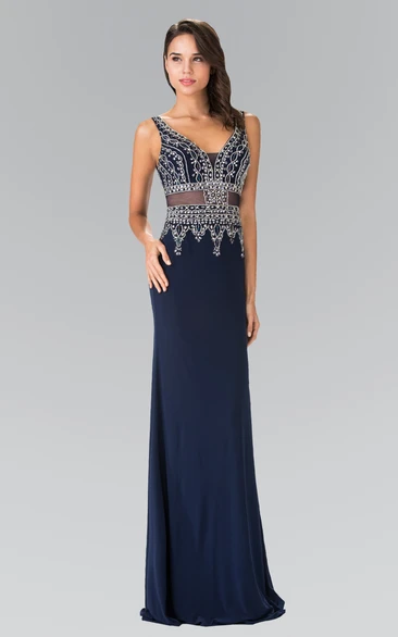 V-Neck Sleeveless Jersey Formal Dress with Beading Sheath Floor-Length