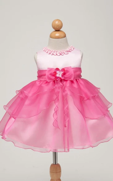Organza Satin Sleeveless Bow Tea-Length Flower Girl Dress Simple Wedding Dress for Girls