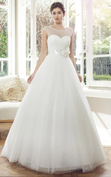 Cap-Sleeve Long Tulle Wedding Dress with Flower Ball Gown