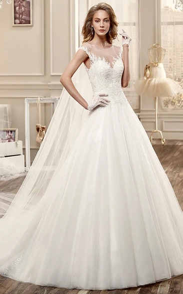 Lace Appliques Chapel Train Sweetheart Cap-Sleeve A-Line Wedding Dress Unique