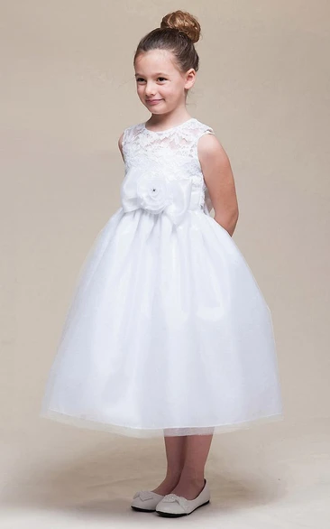 Empire Floral Tulle & Lace Flower Girl Dress Tea-Length Bowed Sash