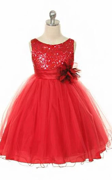 Floral Sequin Satin Tea-Length Flower Girl Dress Bridesmaid Dress