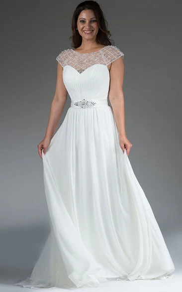 A-Line Bridal Gown with Pearled Cap Sleeves Back Crystal Bowknot and Keyhole Access