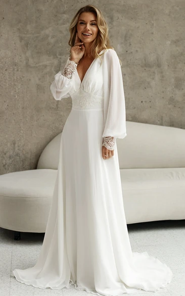 Modest Lace Chiffon A-Line Flowy Boho Wedding Dress with Sleeves Romantic Elegant Backless Sweep Train Bridal Gown