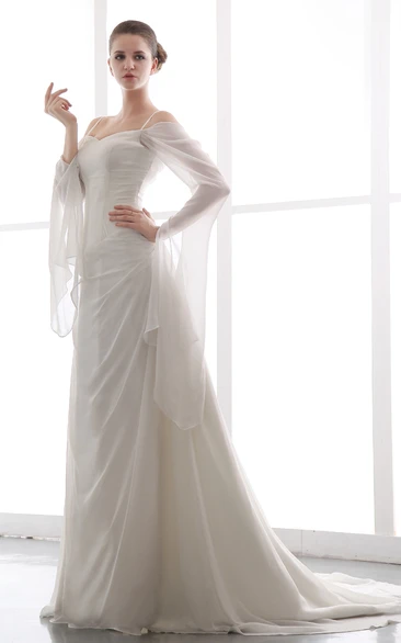 Long Sleeve Chiffon Wedding Dress with Ruching Spaghetti Exquisite