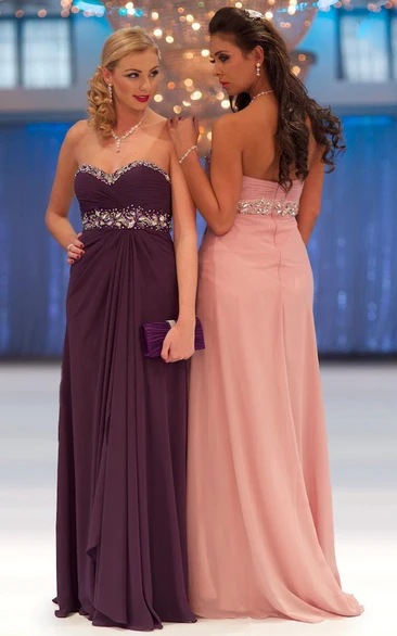 Sweetheart Chiffon Prom Dress with Ruching and Beading Sheath Sleeveless Empire Floor-Length