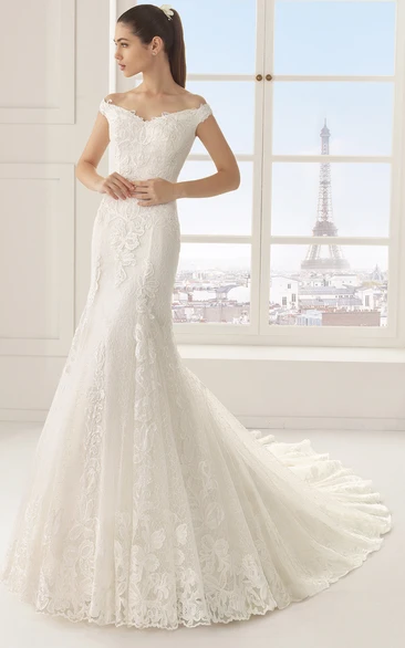 Off-Shoulder Mermaid Lace Wedding Dress with Chapel Train Unique and Flowy