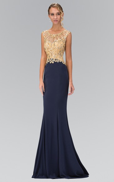 Cap-Sleeve Sheath Prom Dress with Scoop-Neck Beading and Appliques