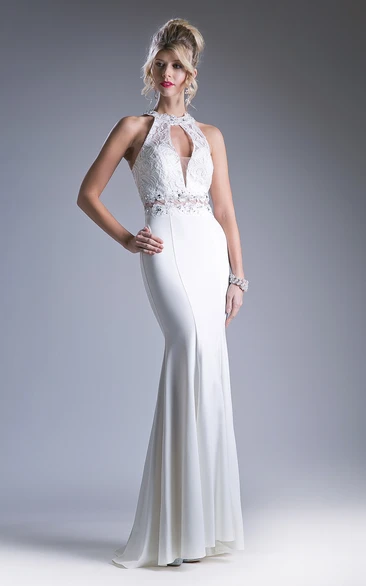 High Neck Sleeveless Maxi Jersey Dress with Lace and Appliques Formal Dress