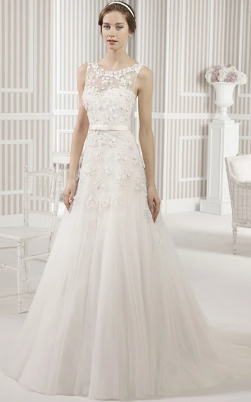 Sleeveless Scoop A-Line Wedding Dress with Floral Tulle and Pleats Romantic Bridal Gown