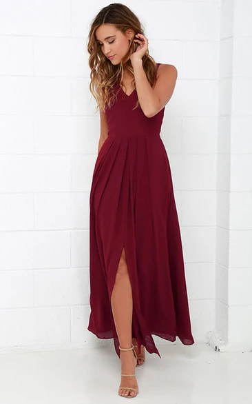 Front Split Chiffon A-line Prom Dress with V-neck