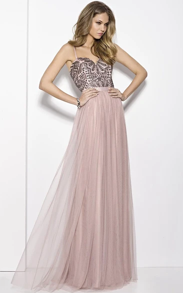 Beaded Tulle Maxi Prom Dress with Pleats and Straps