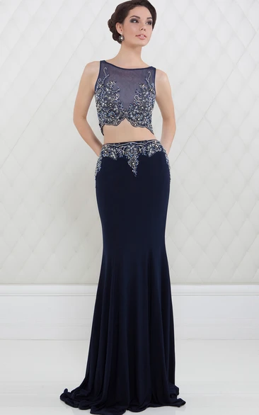 Sheath Scoop-Neck Sleeveless Beaded Floor-Length Jersey Prom Dress Flowy Beaded Sheath Prom Dress