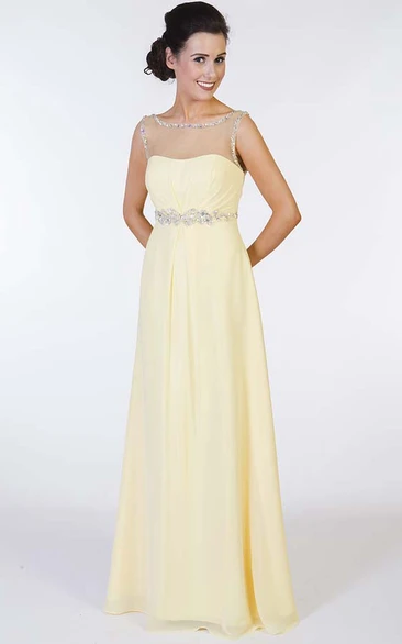 Sleeveless A-Line Chiffon Prom Dress with Beaded Scoop-Neck and Waist Jewellery Flowy Prom Dress 2024