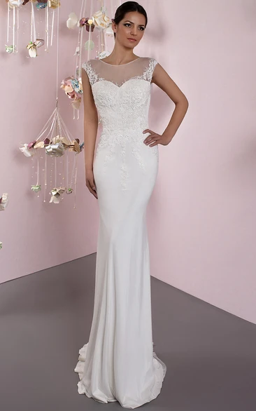 Maxi Jersey Pencil Wedding Dress with Cap-Sleeves and Low-V Back Modern Bridal Gown