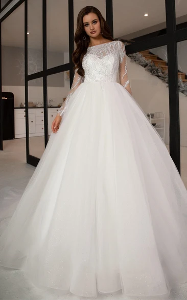 Modest A Line Tulle Wedding Dress with Long Sleeves and Beading Modern Wedding Dress