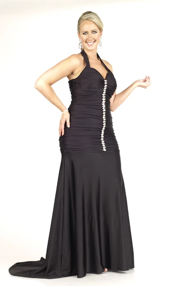 Halter Jersey Sheath Prom Dress with Beaded Ruched Sweep Train