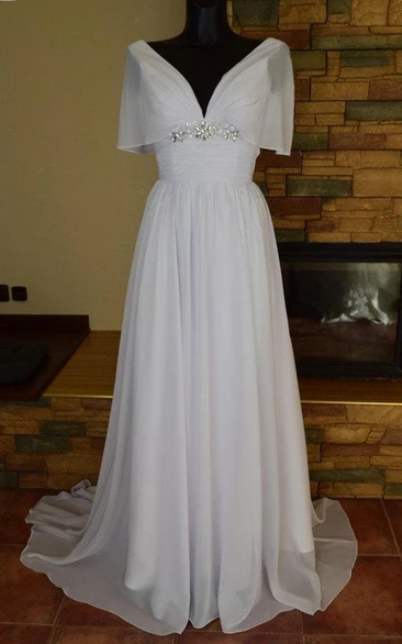 Chiffon A-Line Wedding Dress with V-Neckline Ruching and Beading