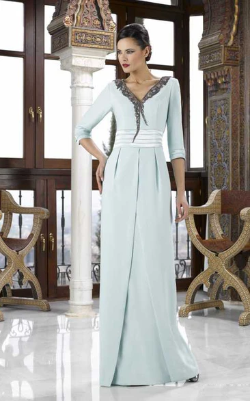 Chiffon V-Neck Mother Of The Bride Dress with Split Back and Lace Sleeves 3/4 Sleeve