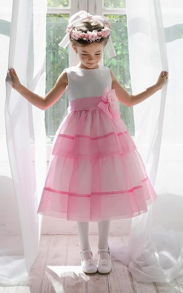 Tiered Floral Organza Tea-Length Flower Girl Dress with Beaded Sequins