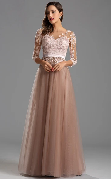 Empire Tulle Appliques Floor-Length Formal Dress with Bateau Neckline