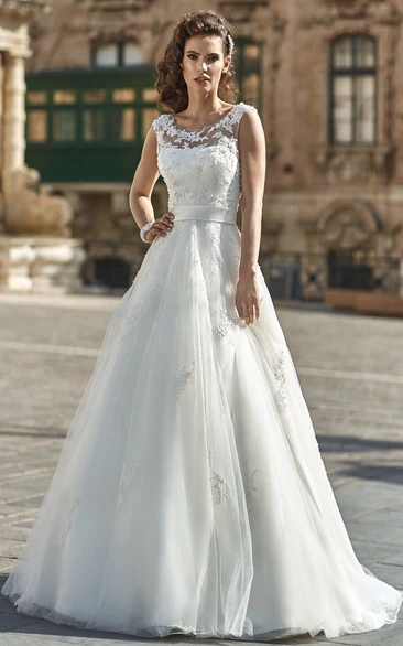 Sleeveless Tulle&Lace A-Line Wedding Dress with Bow Unique Bridal Gown