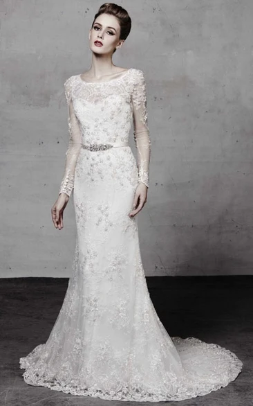 Jeweled Scoop Neckline Lace Wedding Dress with Long Sleeves