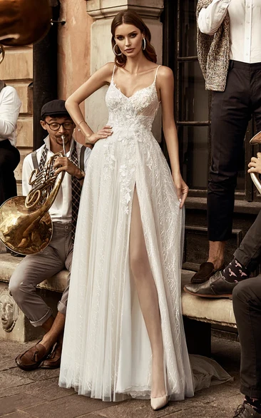 Elegant A-Line Sleeveless Tulle Lace Petals Split Front Garden Wedding Dress