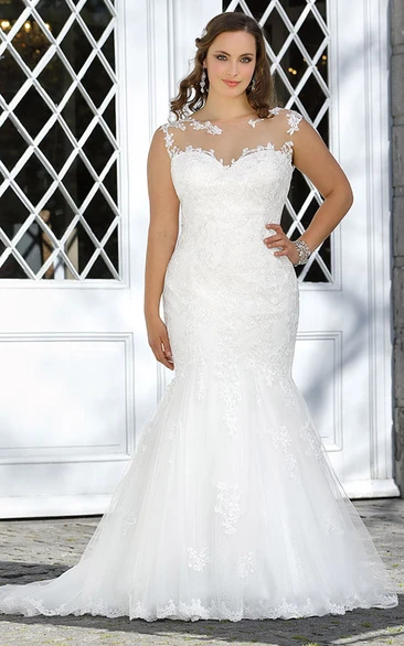 Lace Trumpet Dress with Bateau Neckline and Deep-V Back Brush Train