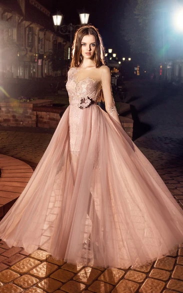 A-Line Lace Tulle Illusion Bridesmaid Dress with Scoop-Neck and Flower Appliques