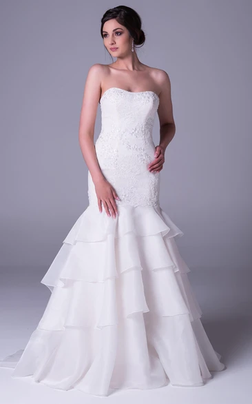 Organza V-Back Trumpet Wedding Dress with Appliques and Tiers